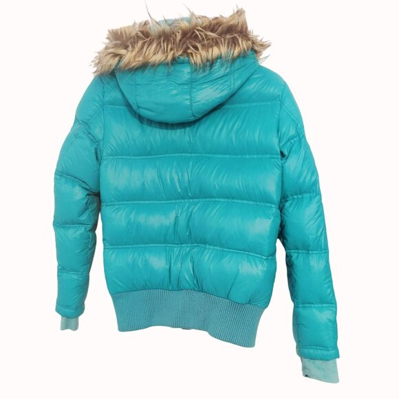Free Country Girls 14 Ultra Light Down Teal Parka Jacket Removable Faux Fur Hood - Picture 2 of 6